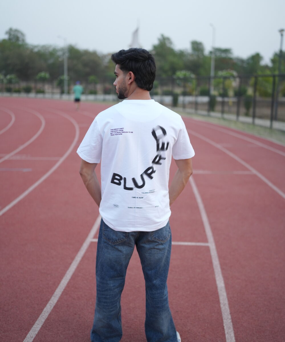 Thrill and Thread Blurred T-shirt design - White