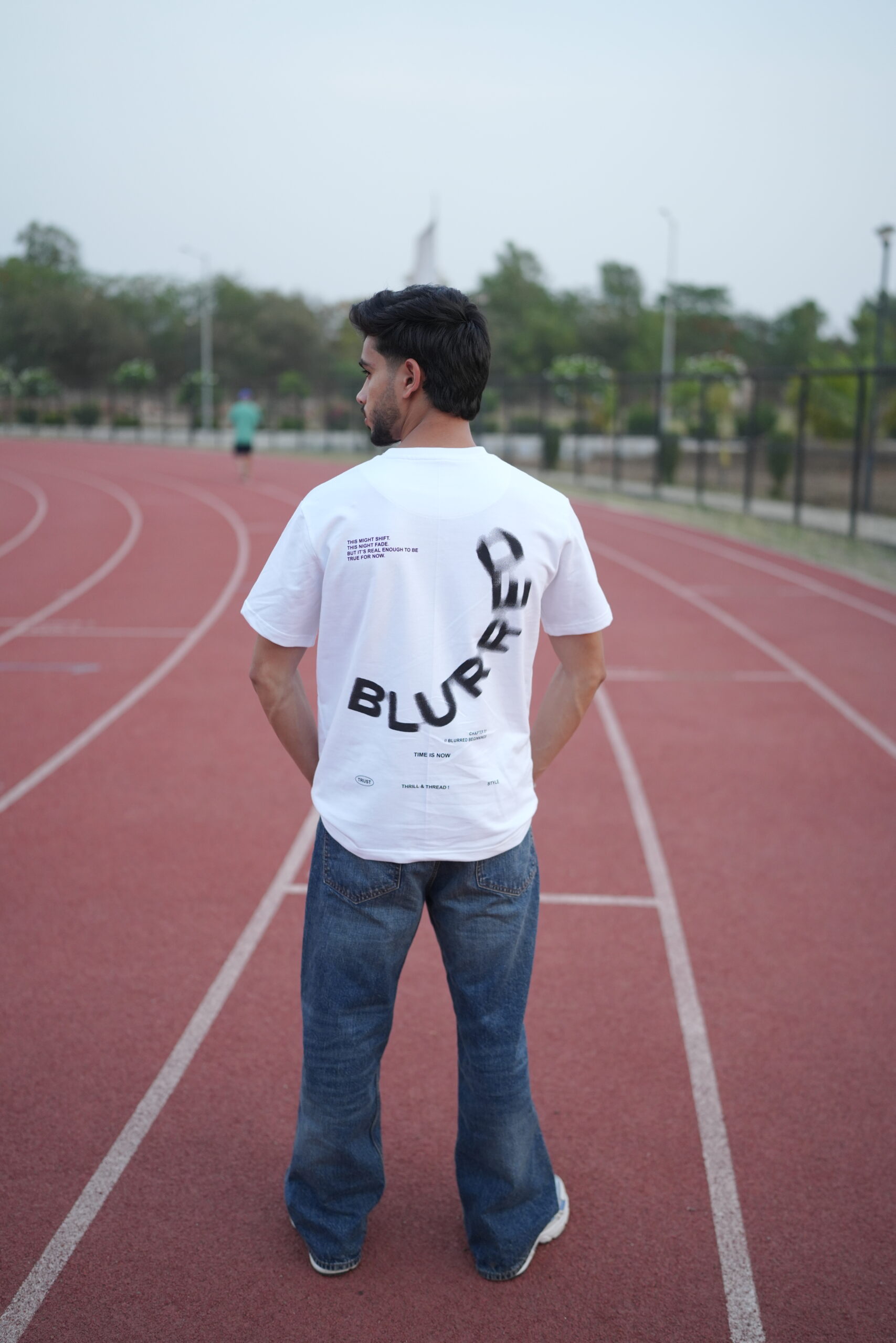 Thrill and Thread Blurred T-shirt design - White