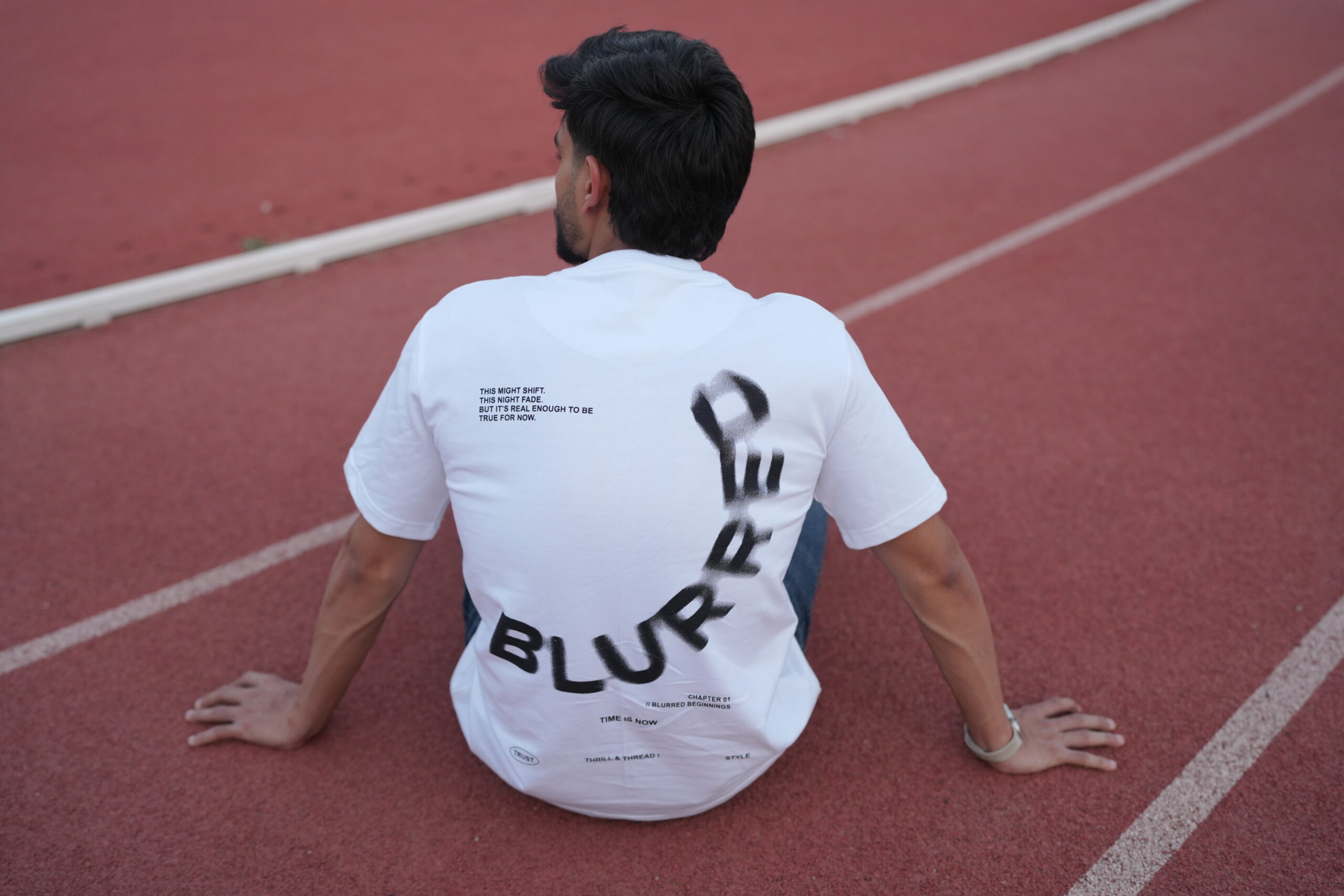 Thrill and Thread Blurred T-shirt design - White