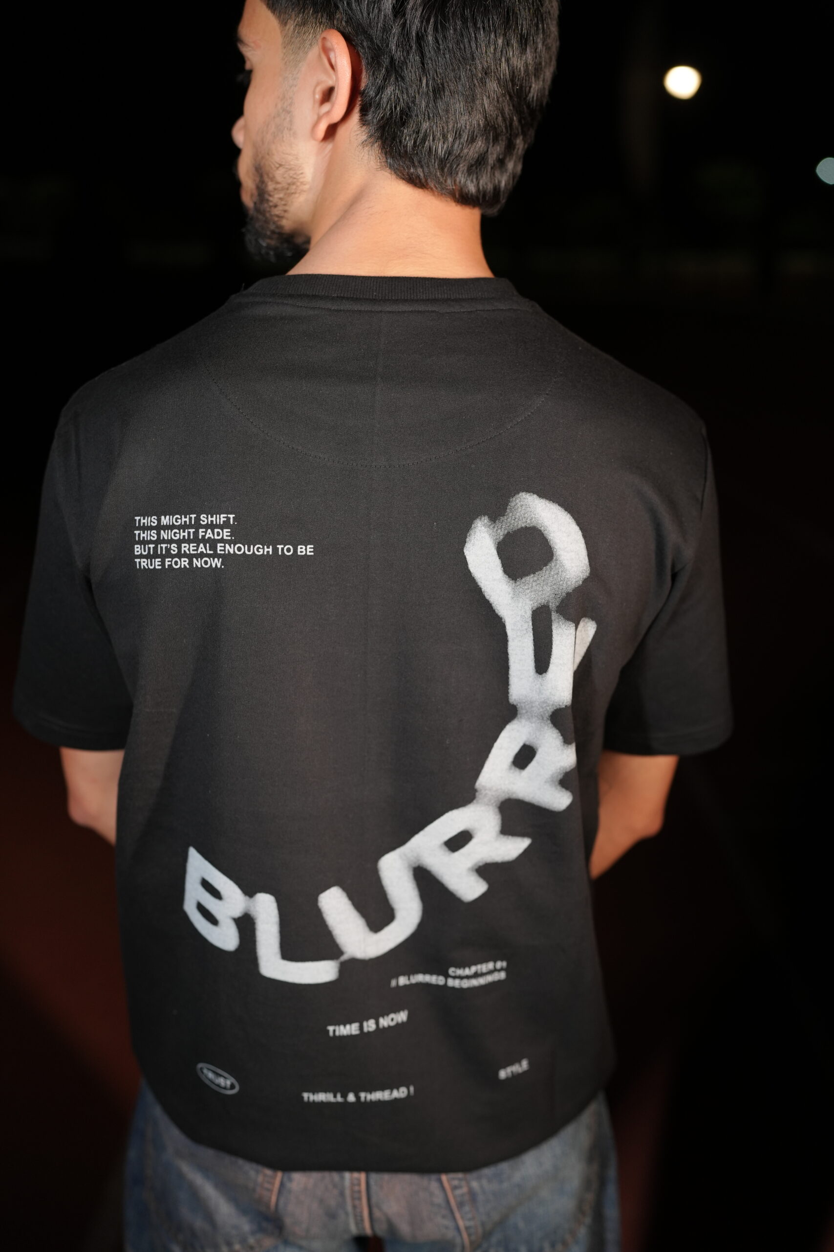 Thrill and Thread Blurred T-shirt design - Universal Black