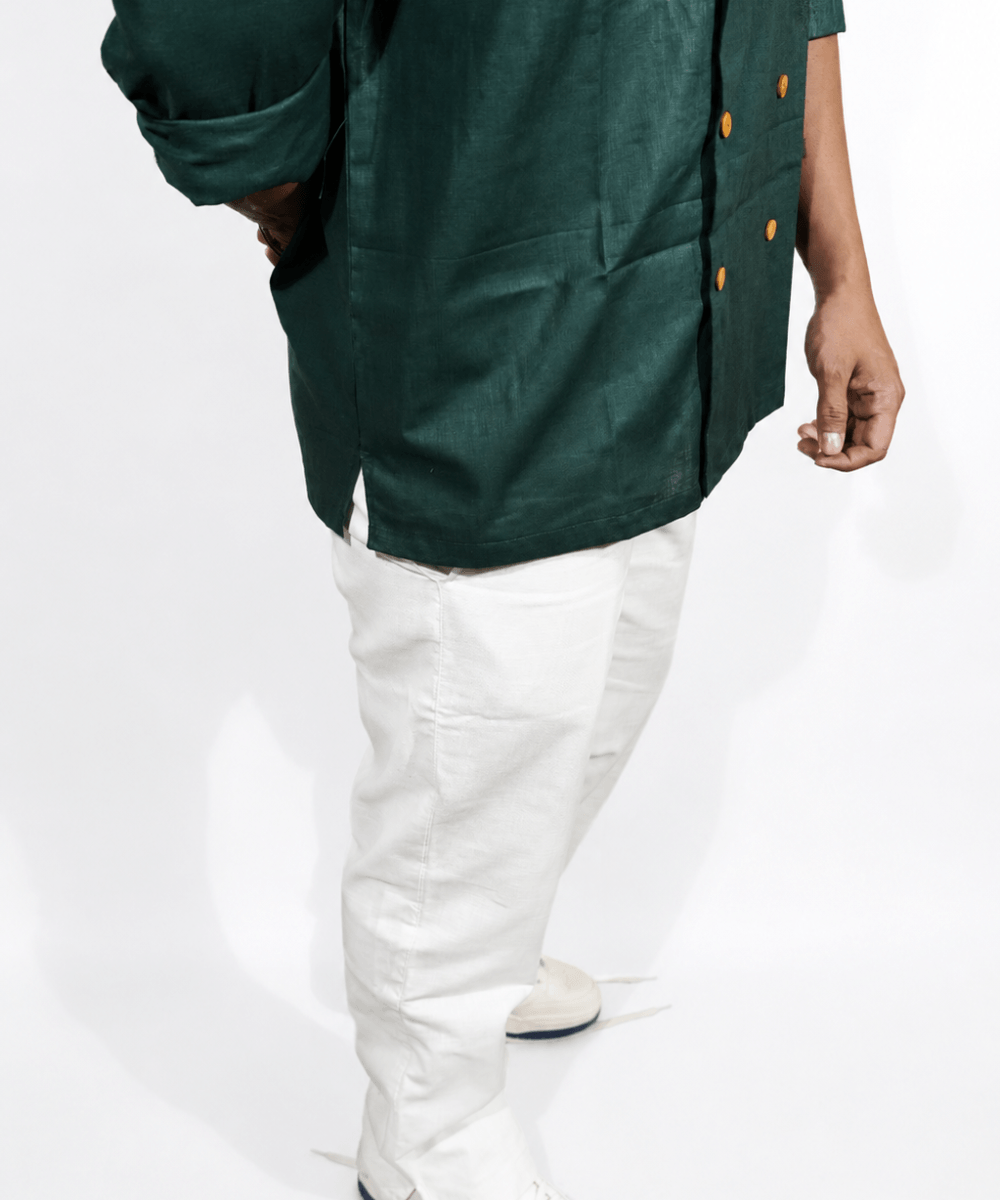 Double Breast olive green breathable linen shirt for men