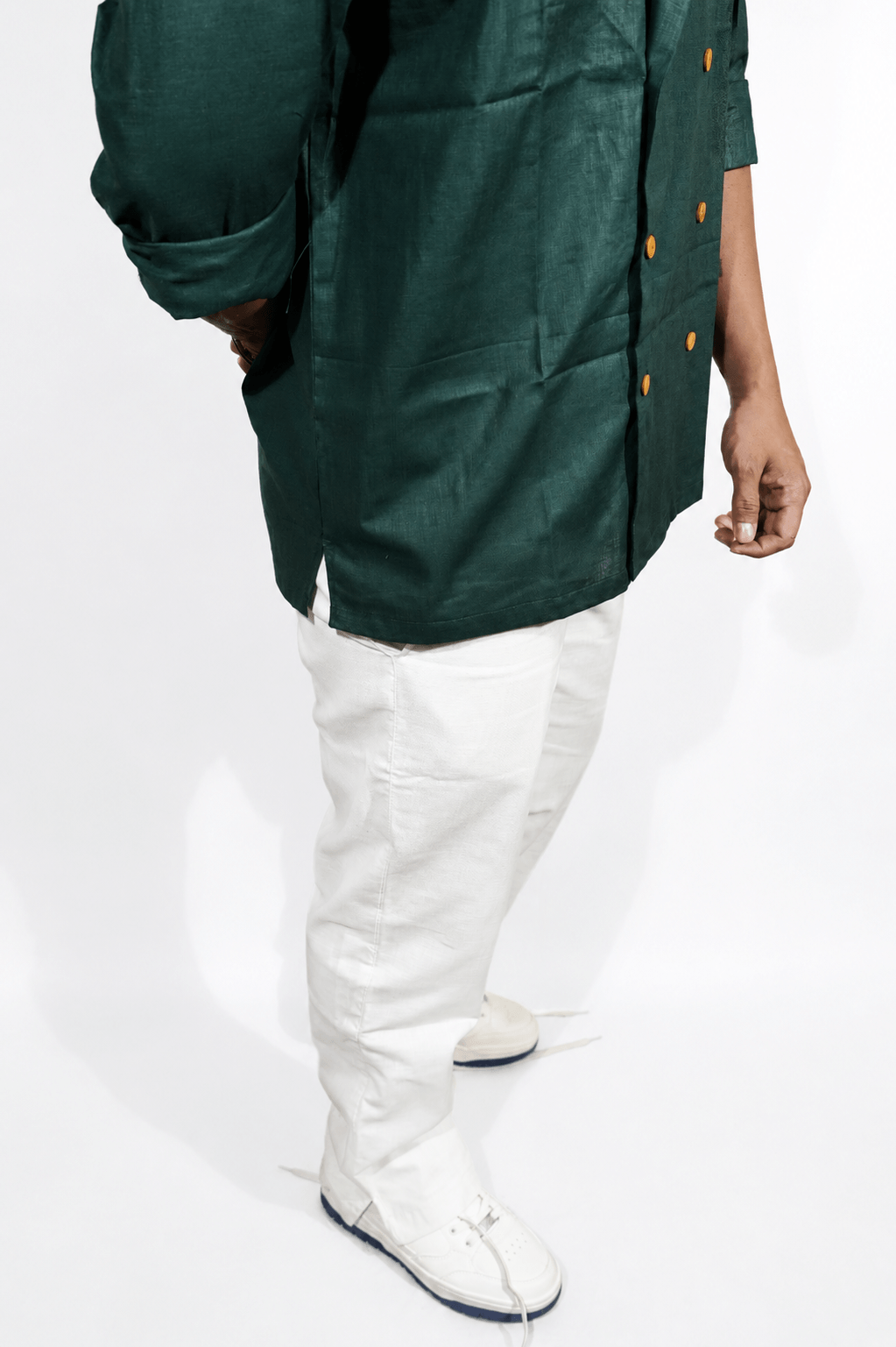 Double Breast olive green breathable linen shirt for men