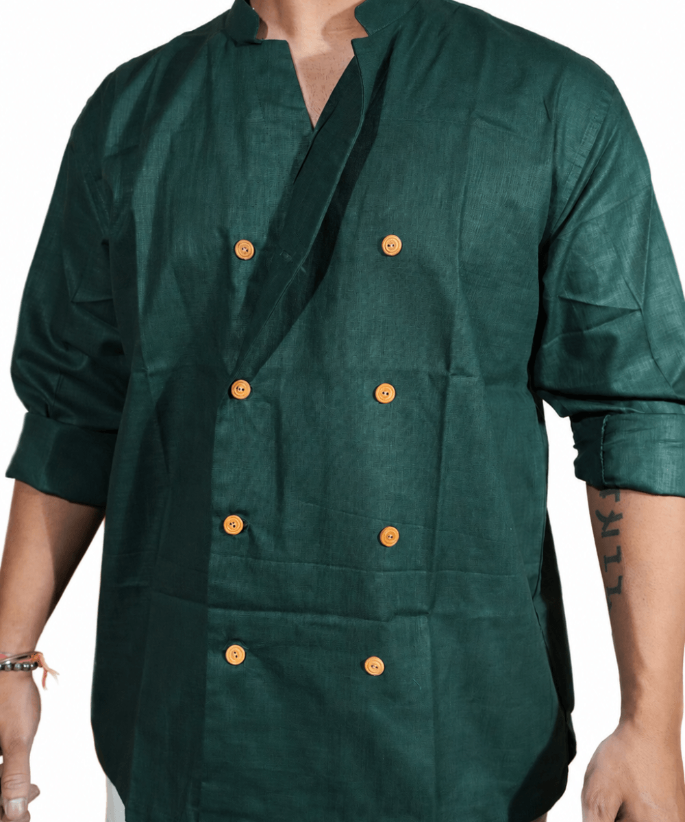 Double Breast olive green breathable linen shirt for men