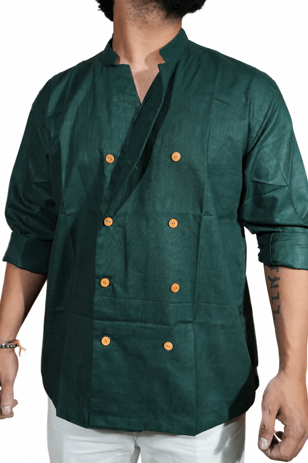 Double Breast olive green breathable linen shirt for men