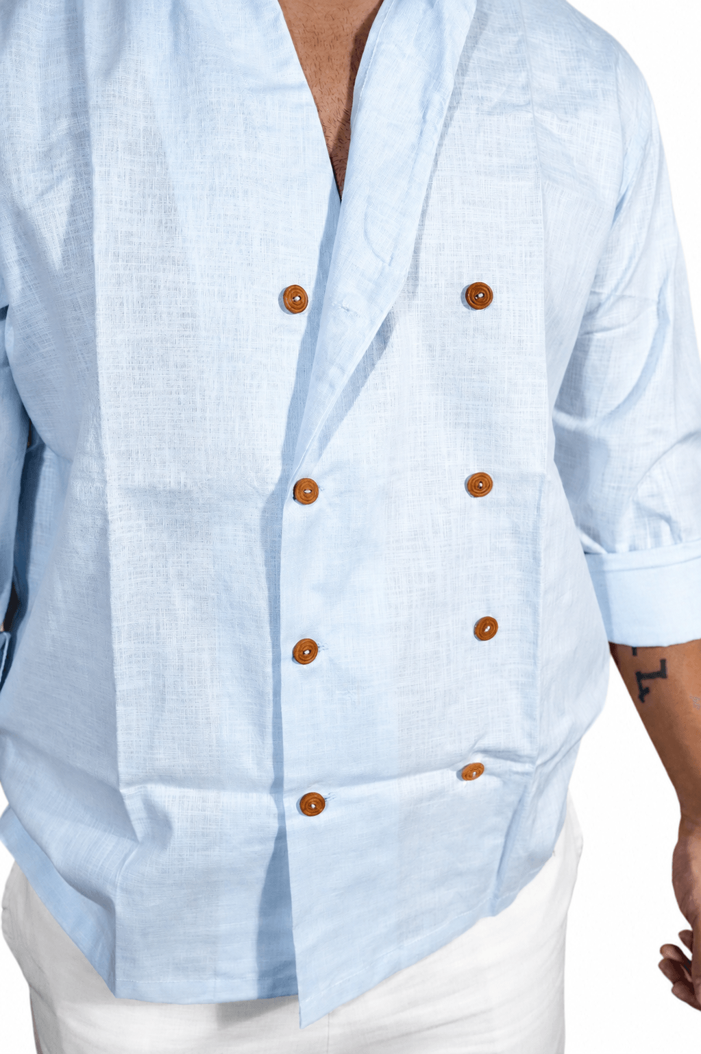 Double Breast Ice blue breathable linen shirt for men
