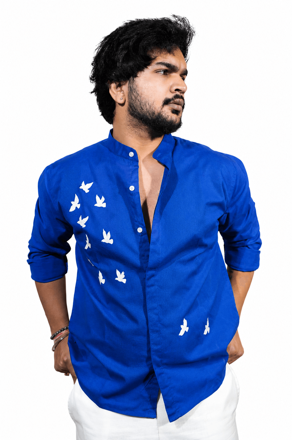 Royal blue breathable linen shirt for men