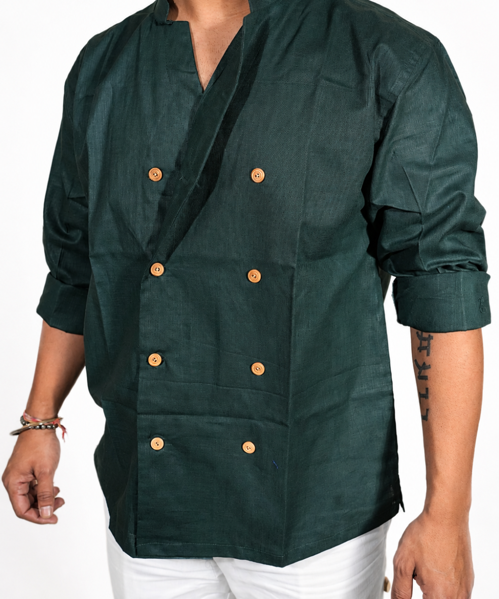 Double Breast olive green breathable linen shirt for men