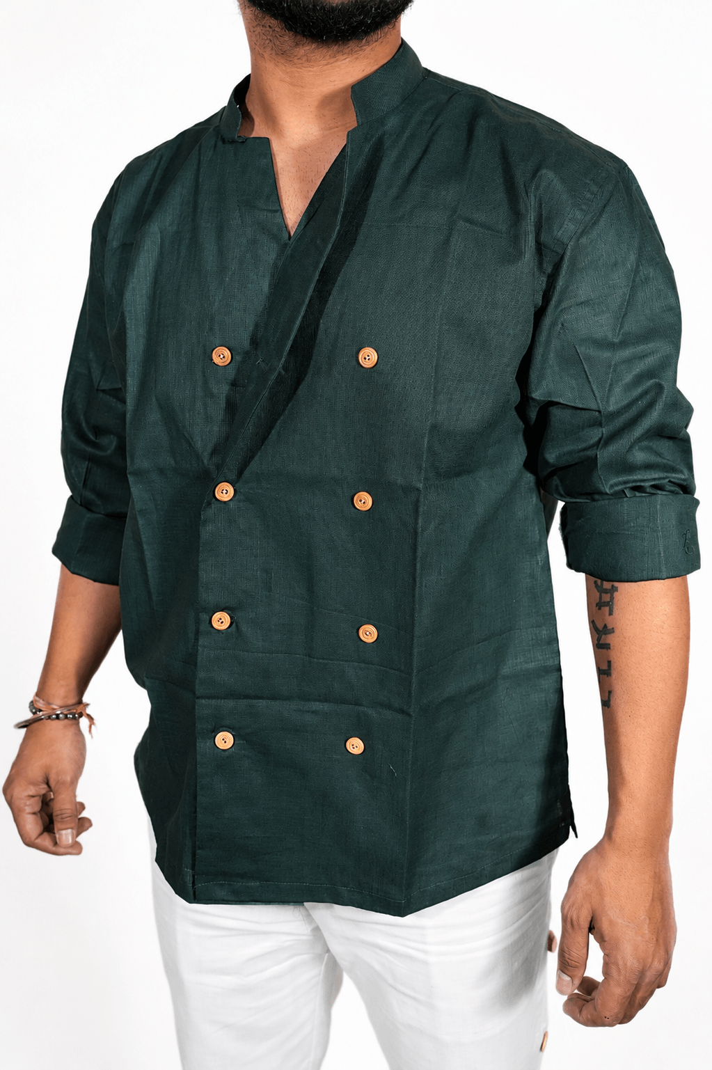 Double Breast olive green breathable linen shirt for men