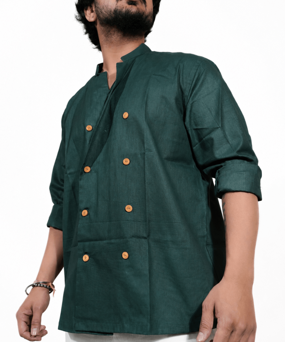 Double Breast olive green breathable linen shirt for men