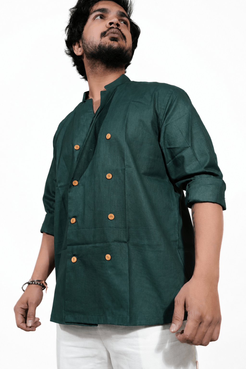 Double Breast olive green breathable linen shirt for men