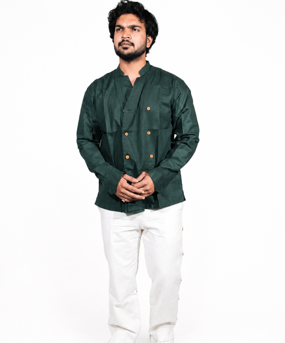 Double Breast olive green breathable linen shirt for men