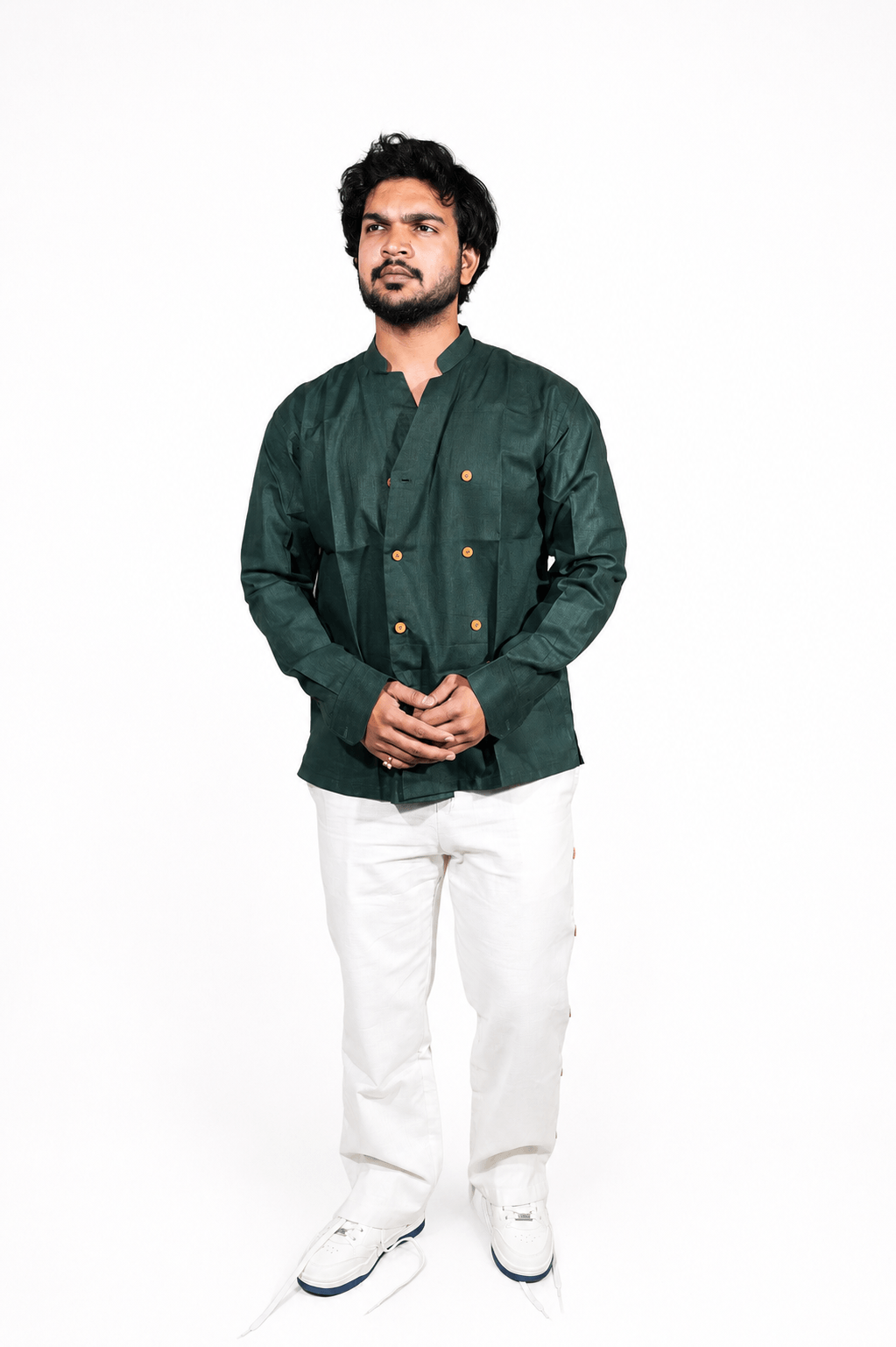 Double Breast olive green breathable linen shirt for men
