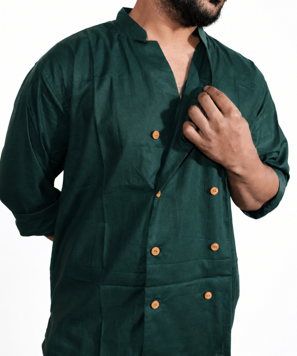 Double Breast olive green breathable linen shirt for men