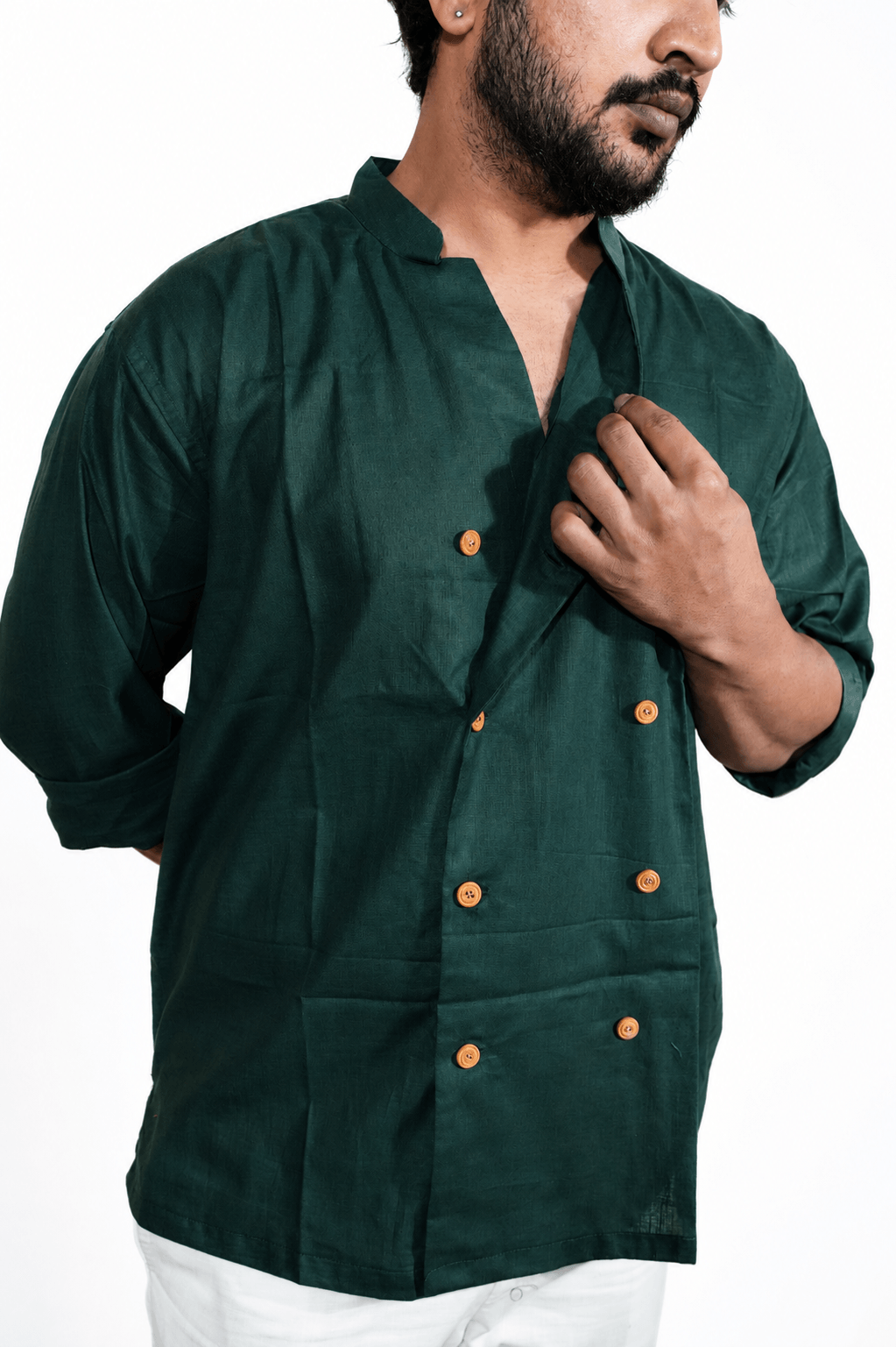Double Breast olive green breathable linen shirt for men