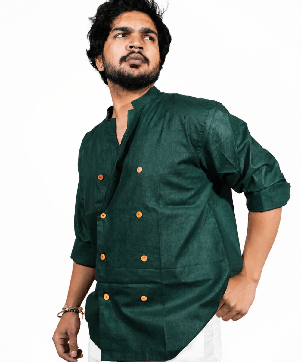 Double Breast olive green breathable linen shirt for men