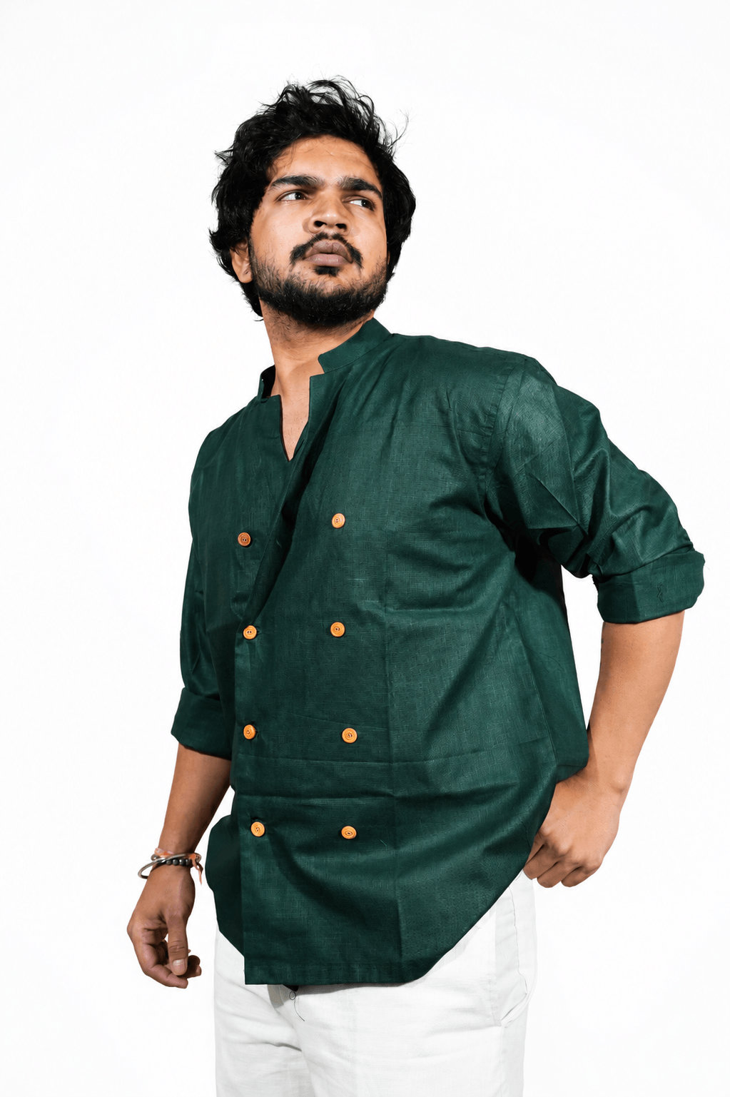 Double Breast olive green breathable linen shirt for men