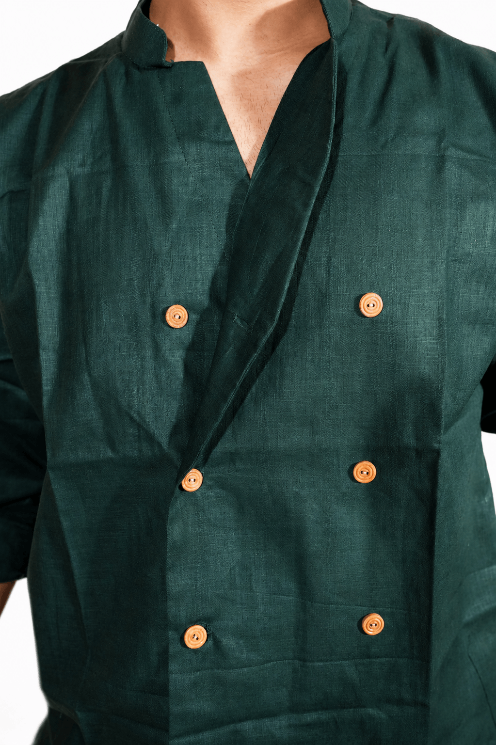 Double Breast olive green breathable linen shirt for men