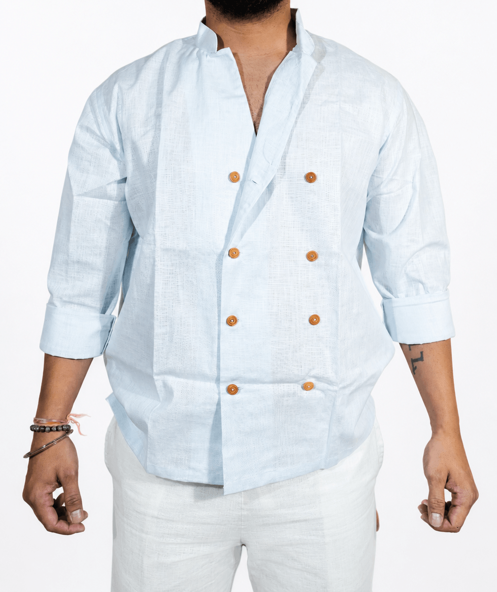 Double Breast Ice blue breathable linen shirt for men