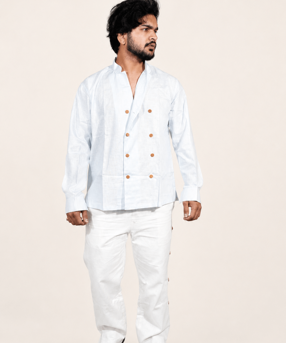 Double Breast Ice blue breathable linen shirt for men