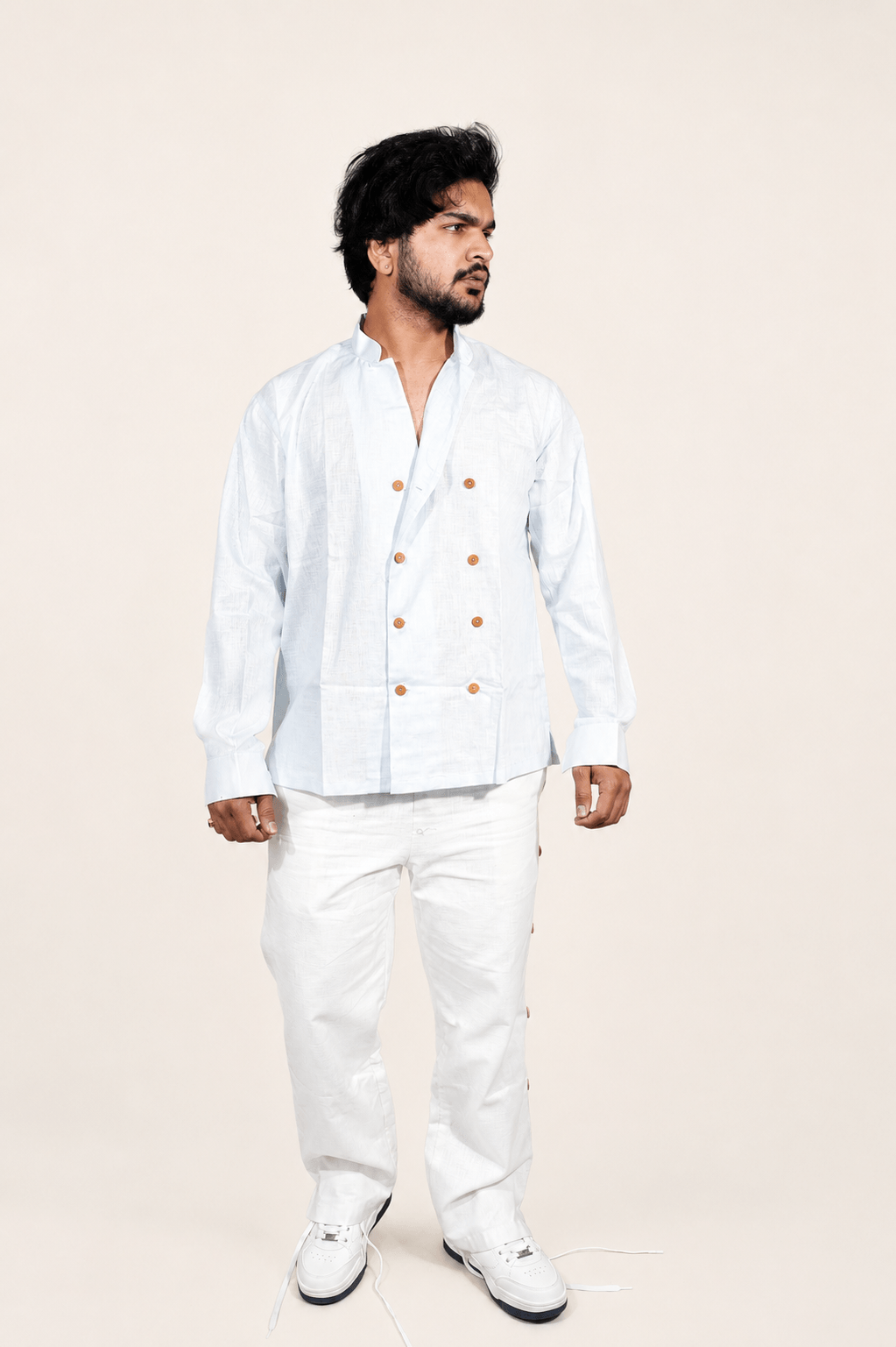 Double Breast Ice blue breathable linen shirt for men