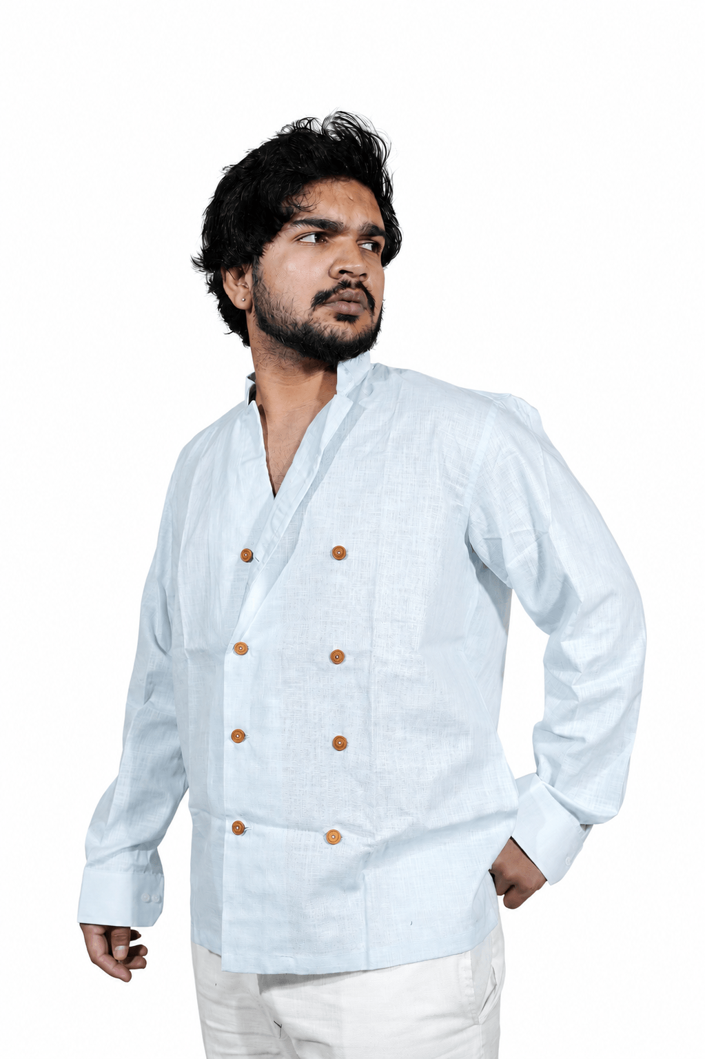 Double Breast Ice blue breathable linen shirt for men