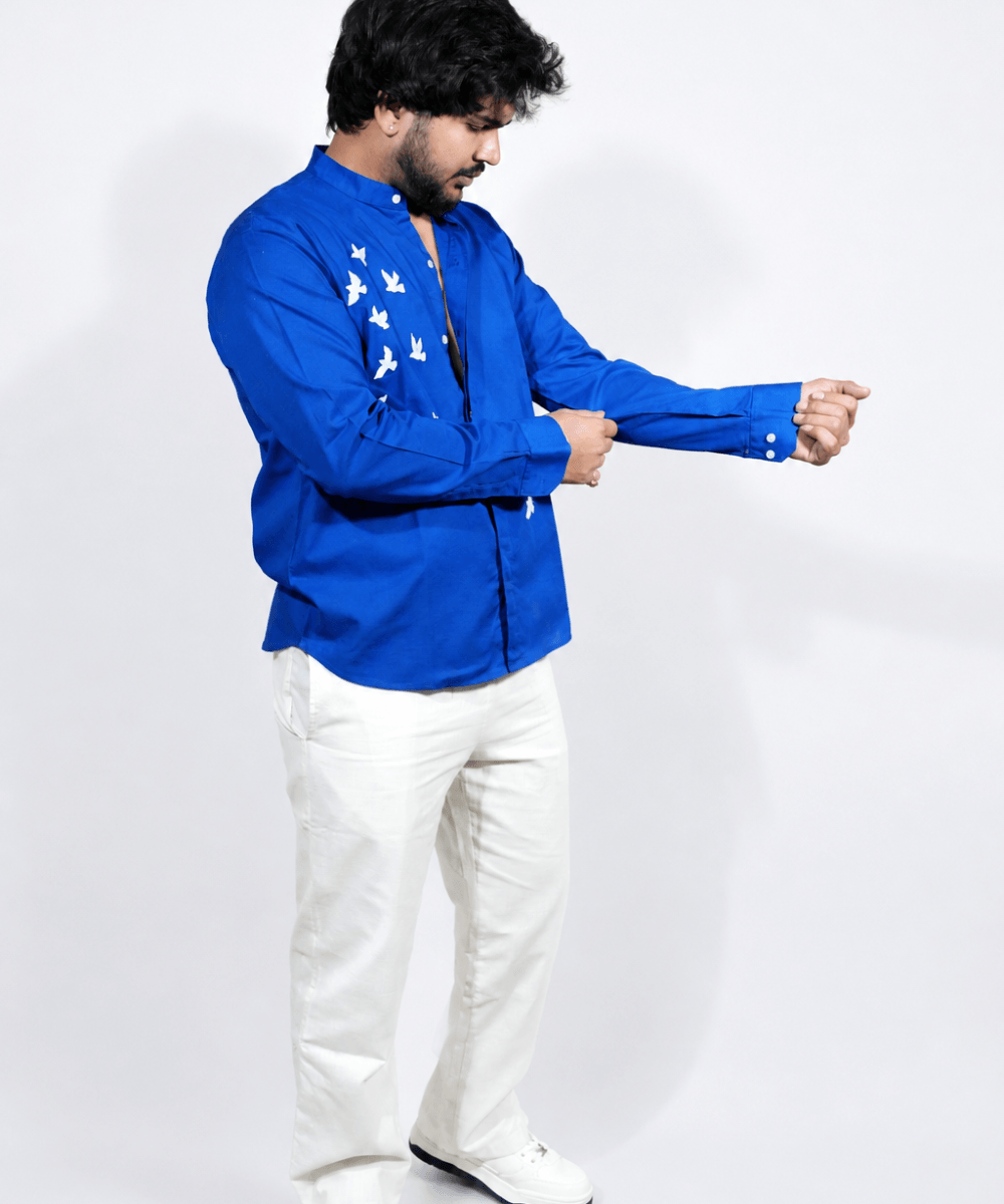 Royal blue breathable linen shirt for men
