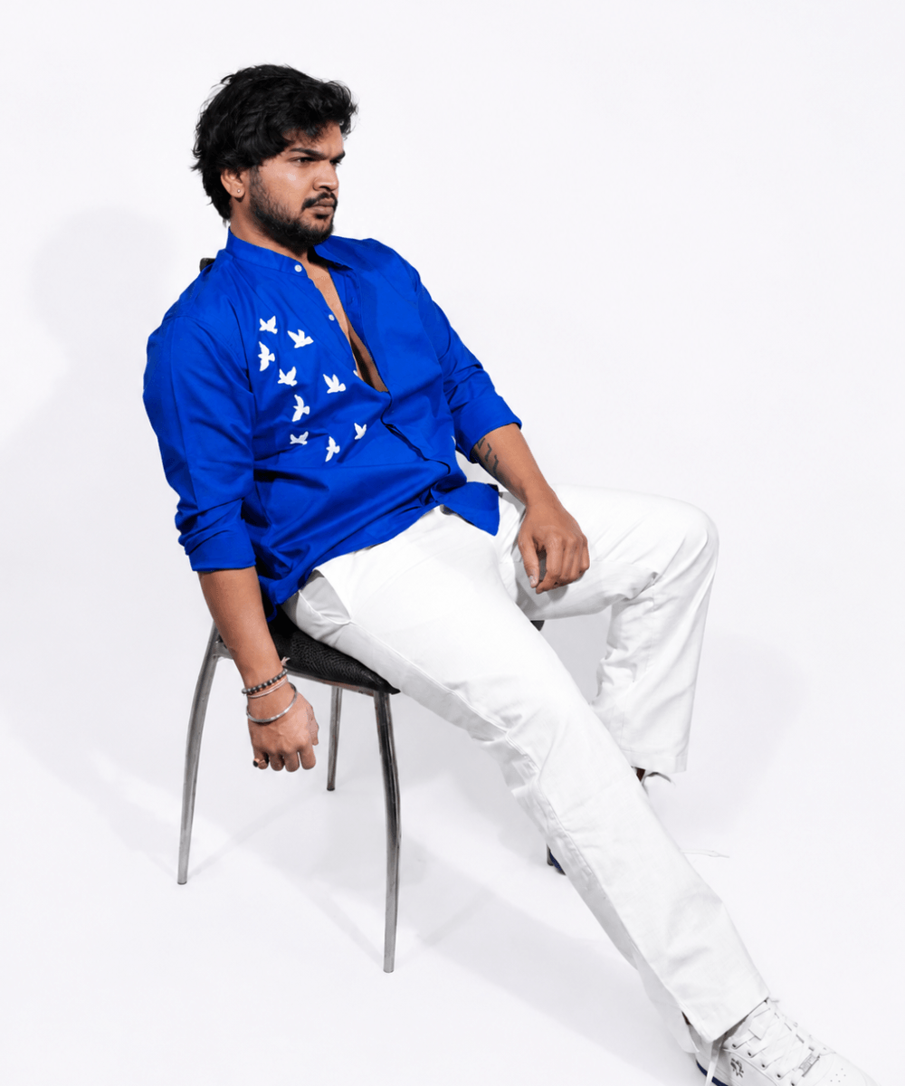 Royal blue breathable linen shirt for men